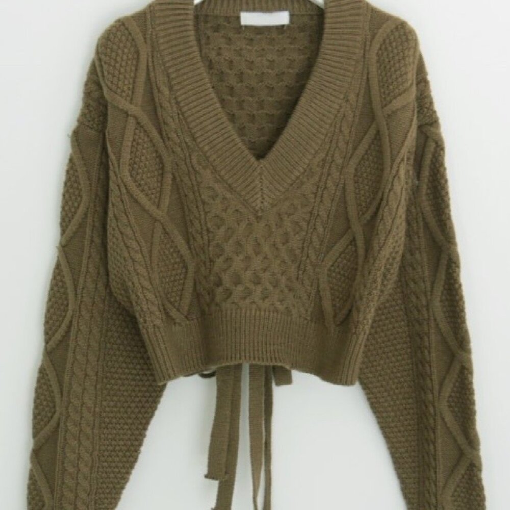 Olive green cropped v neck sweat tie open back